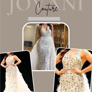 Jovani Couture Ivory Pageant Embellished Feather-Train Halter Gown size 8